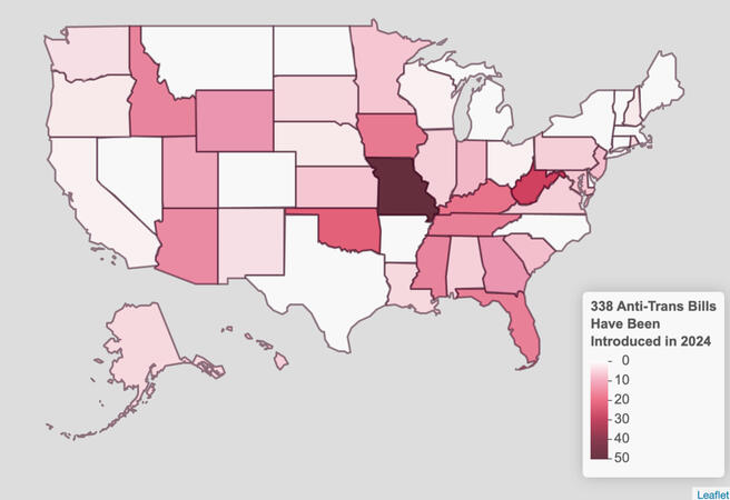 A map of anti-trans legislation in the US, with darker colors representing more anti-trans bills.